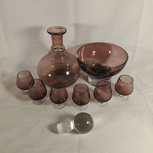 Amethyst Purple Glass Decanter Set of 9 6 Glasses Cups Bowl Rest Stop Topper VTG